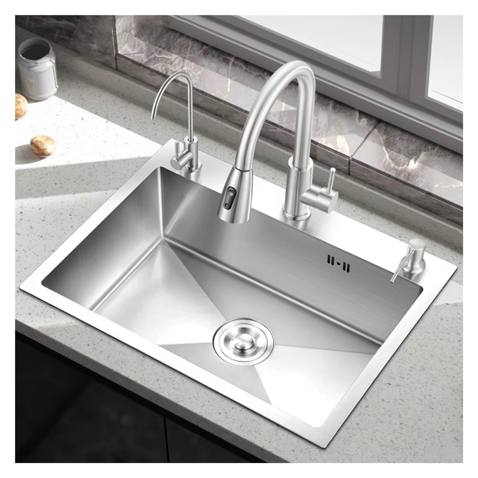 WDSOPK Undermount Kitchen Sink, Stainless Steel Single Bowl Sink, Workstation Sink with Faucet, Wash Basin with Retractable Draining Basket,Silver-Square Faucet-58x43c