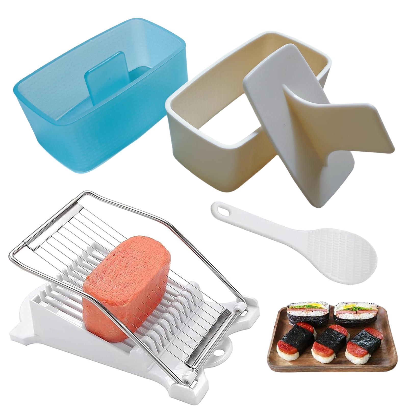 Spam Musubi Mold, 4 Pcs Musubi Maker Kit Spam Slicer Musubi Press Sushi Rice Onigiri Mold Set Egg Cutter for Luncheon Meat Hot Dog Cheese Strawberry Lunch Bento (4pc-Beige/Blue)