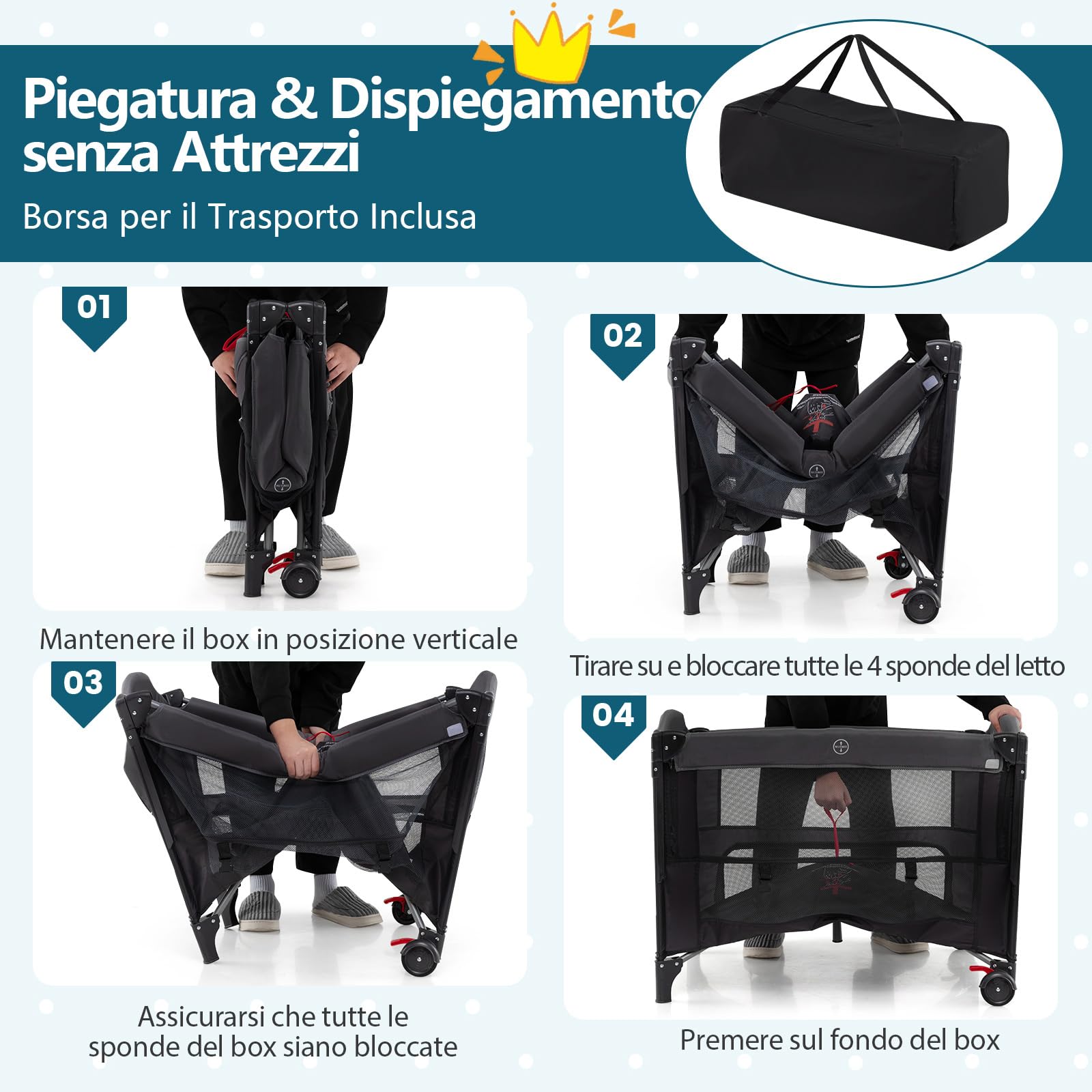 COSTWAY Lettino da Viaggio Pieghevole, Culla Portatile per Bambini, Lettino per Bambini con 4 Altezze Regolabili, Fasciatoio, Materasso, Box Bambini, per Bambini 0-3 Anni