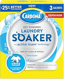 Carbona® Oxy Powered Laundry Soaker with Active Foam Technology | Powerful Stain Remover | Chlorine Bleach Free | Safe on Colors & Whites | 5.3 Oz (1 Pack (3 Sachets))