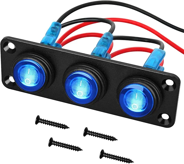 Nilight 3 Gang Rocker Switch Panel 12V Waterproof On-Off Toggle Switches with Blue LED Light Three Pin for Automotive Lights Marine Boat Car Camper Truck Vehicles