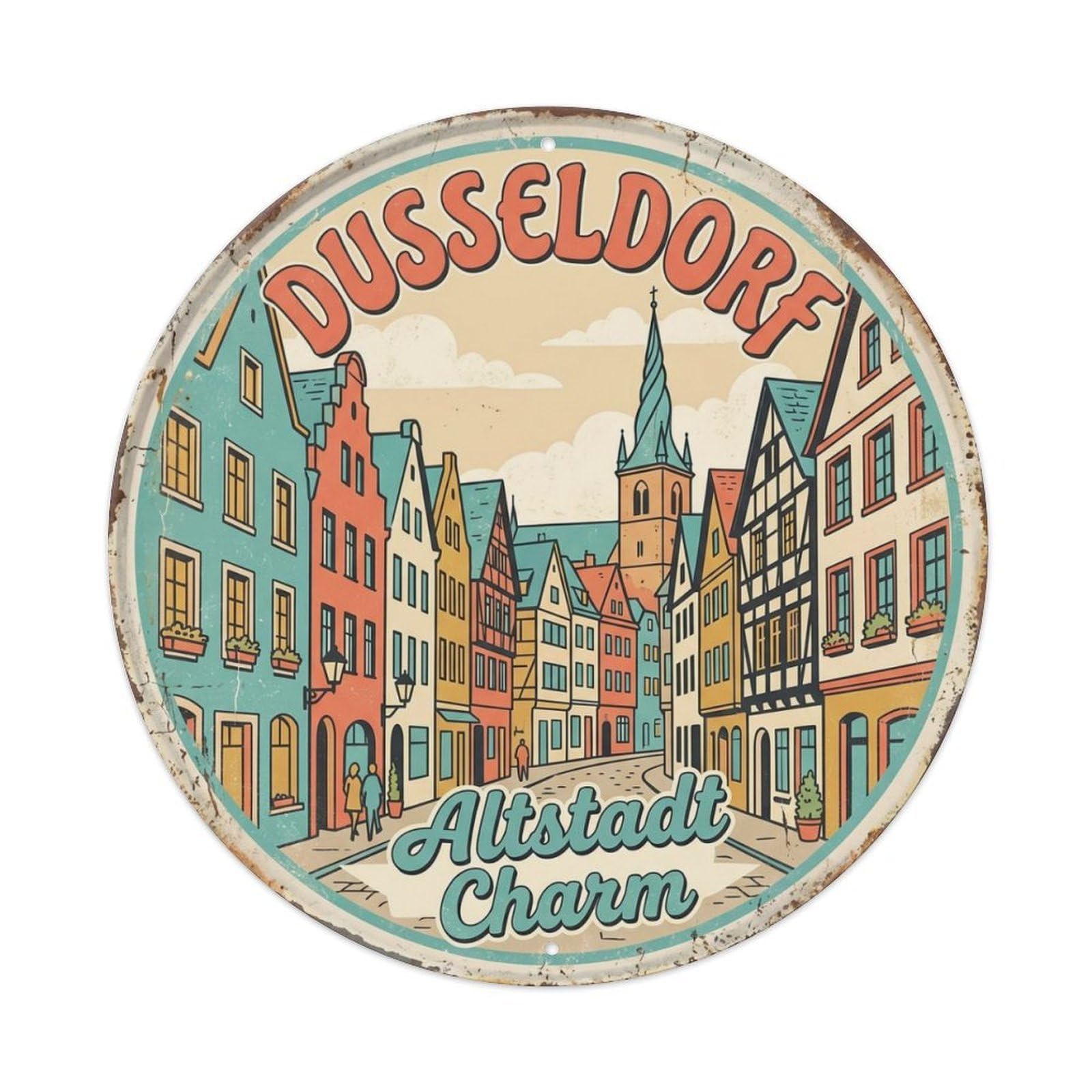 Vintage Travel Dusseldorf Altstadt Germany Metal Tin Sign Plaque Wall Decor for Cafe, Club Bar, Office, Home Garden Round Metal Poster 8x8Inch