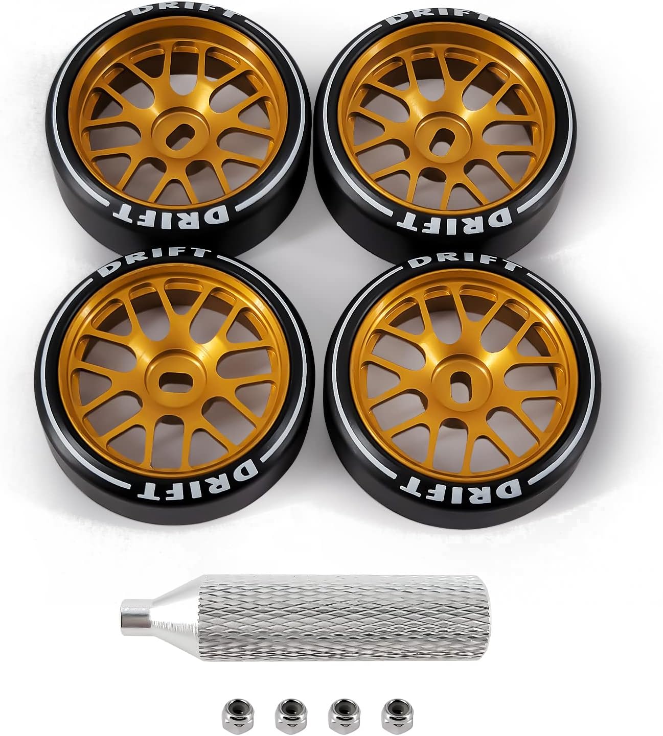4 Pcs 14 Spoke Rc Drift Wheels & Logo Drift Tires for 1/24 1/28 Wltoys, [2N+2W] Aluminum Alloy Rims with Rc Drift Car Tires for 1/24 1/28 Kyosho Mini-Q HGD1 HGV1 K969 K989 k929(Gold)