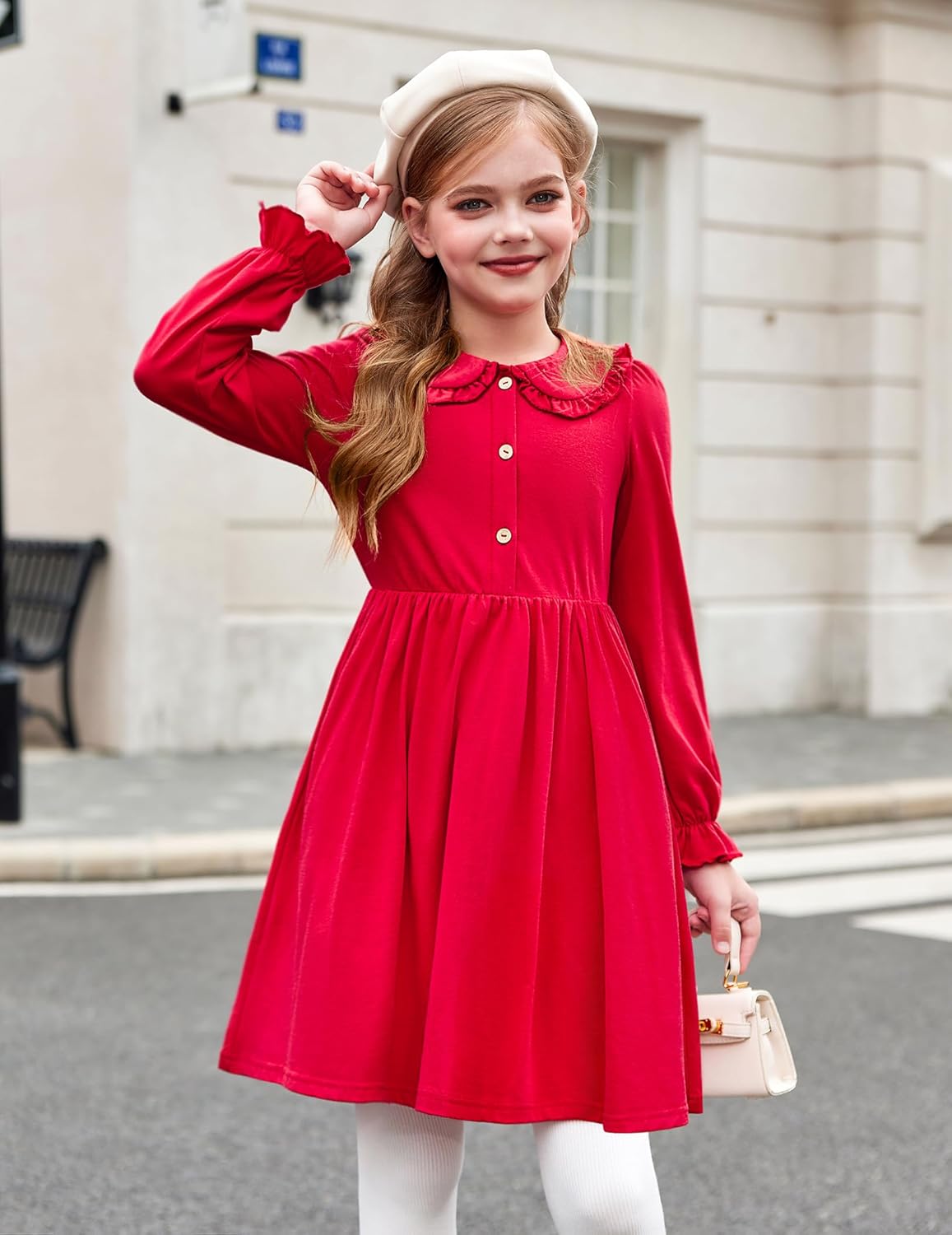 Arshiner Girls Long Sleeve Dress Fall Winter Ruffle Peter Pan Collar Front Button Casual Cotton Dresses - Image 6