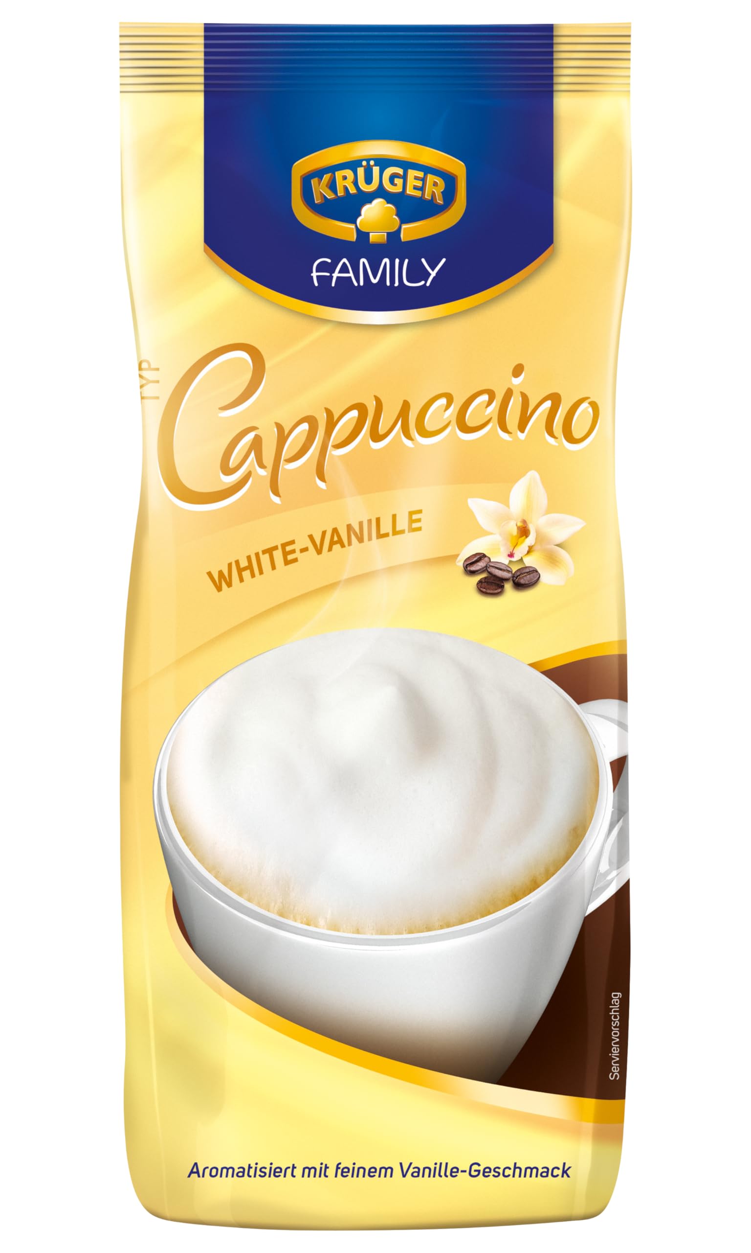 KRÜGER Family Cappuccino White Vanille, aromatisiertes Getränkepulver mit löslichem Bohnenkaffee, koffeinhaltig, 500 g Beutel