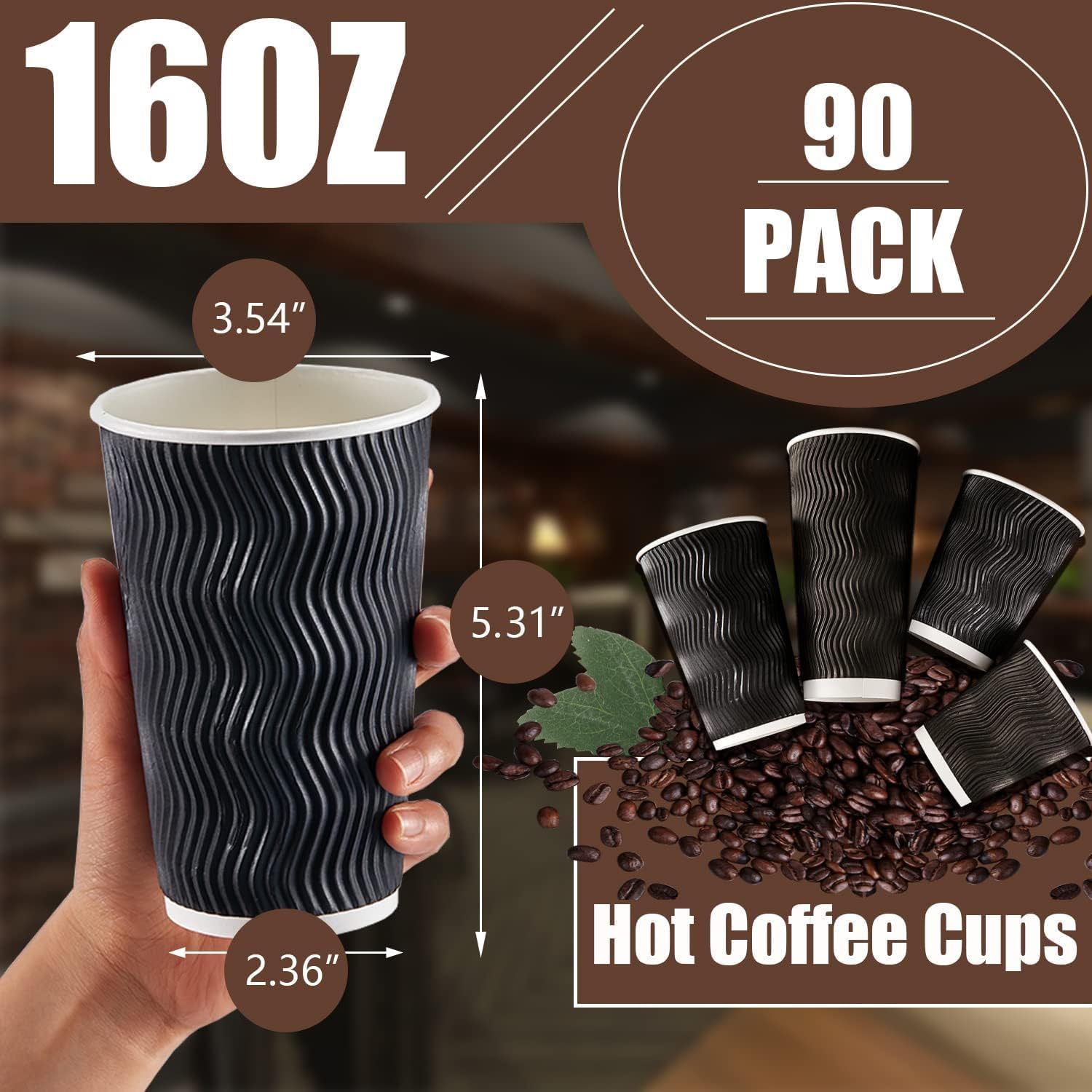 Lamosi 16 oz Coffee Cups - 90 Pack, Disposable Insulated Corrugated Paper Cups 16oz, Kraft Ripple Wall Cups for Hot Beverage or Cold Drinks (Black) - Image 2