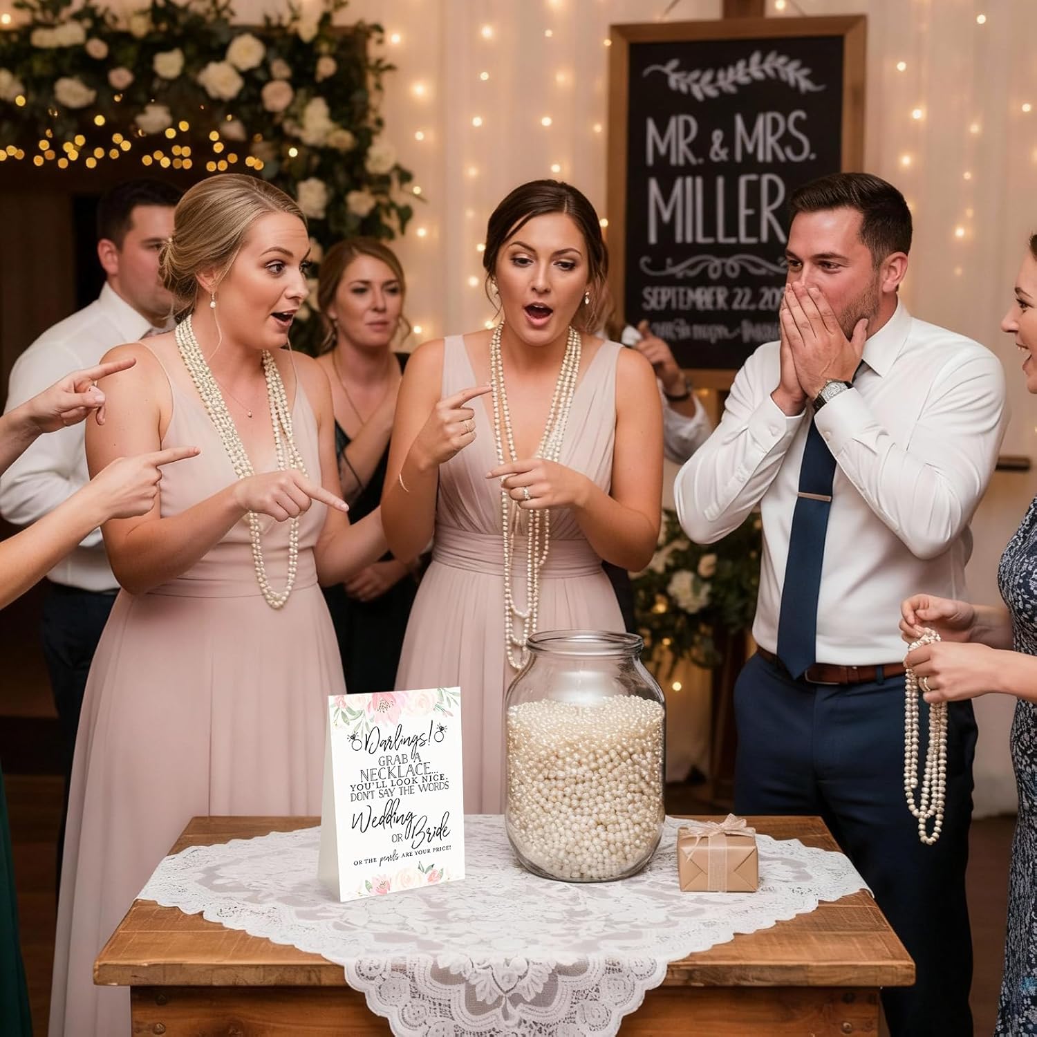 Kenning 51 Pcs Bridal Shower Games Supplies Don't Say Bride or Wedding Game with 50 White Faux Pearl Necklaces Boho Flowers Wedding Games Cards for Engagement Bachelorette Party Supplies