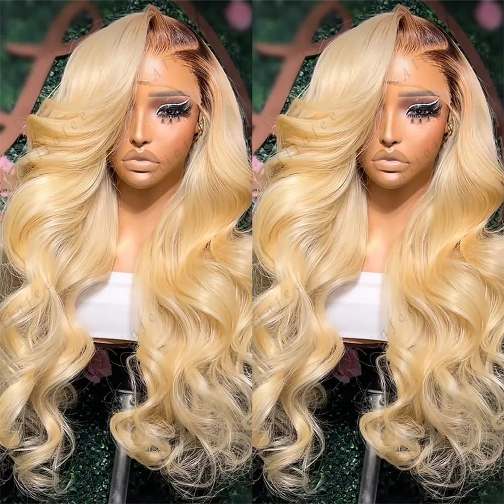 4/613 Ombre Blonde Lace Front Wig Human Hair Shiny Golden Body Wave Human hair Wigs For Women Breathable 13x4 UHD Transparent Lace Cap Early Summer Wig 18 Inches