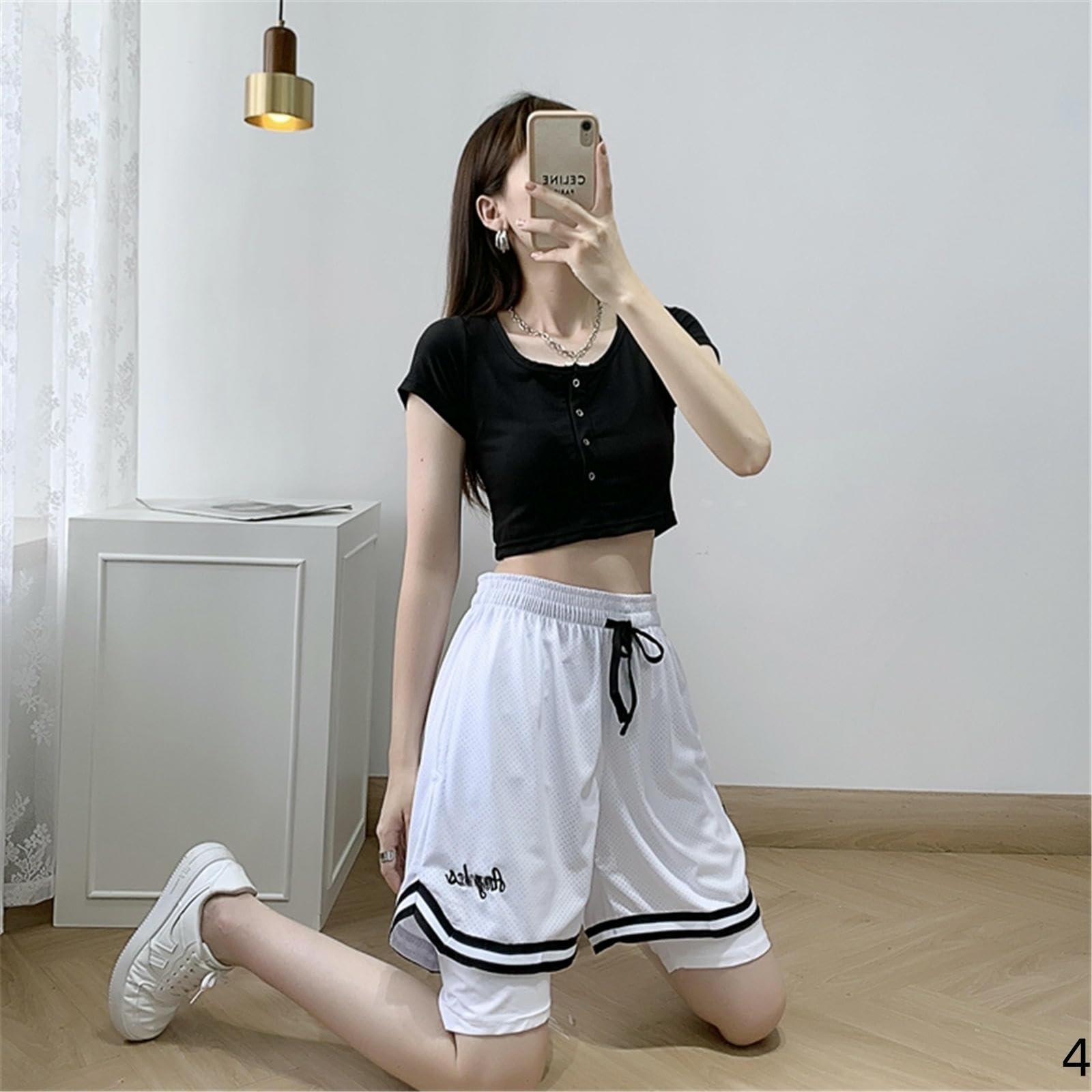Short Femme Shorts De Basket-Ball pour Femmes Fake Two-thyse Student Sports Training avec Une Doublure du Féminin Sportif À Cinq Points-Vert-m