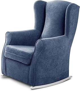 SUEÑOS ZZZ - Balancín Irene, sillón orejero de lactancia tapizado en tela anti manchas color Azul con balancín lacado en color blanco. Mecedora para dormitorio, salón o habitación de bebé