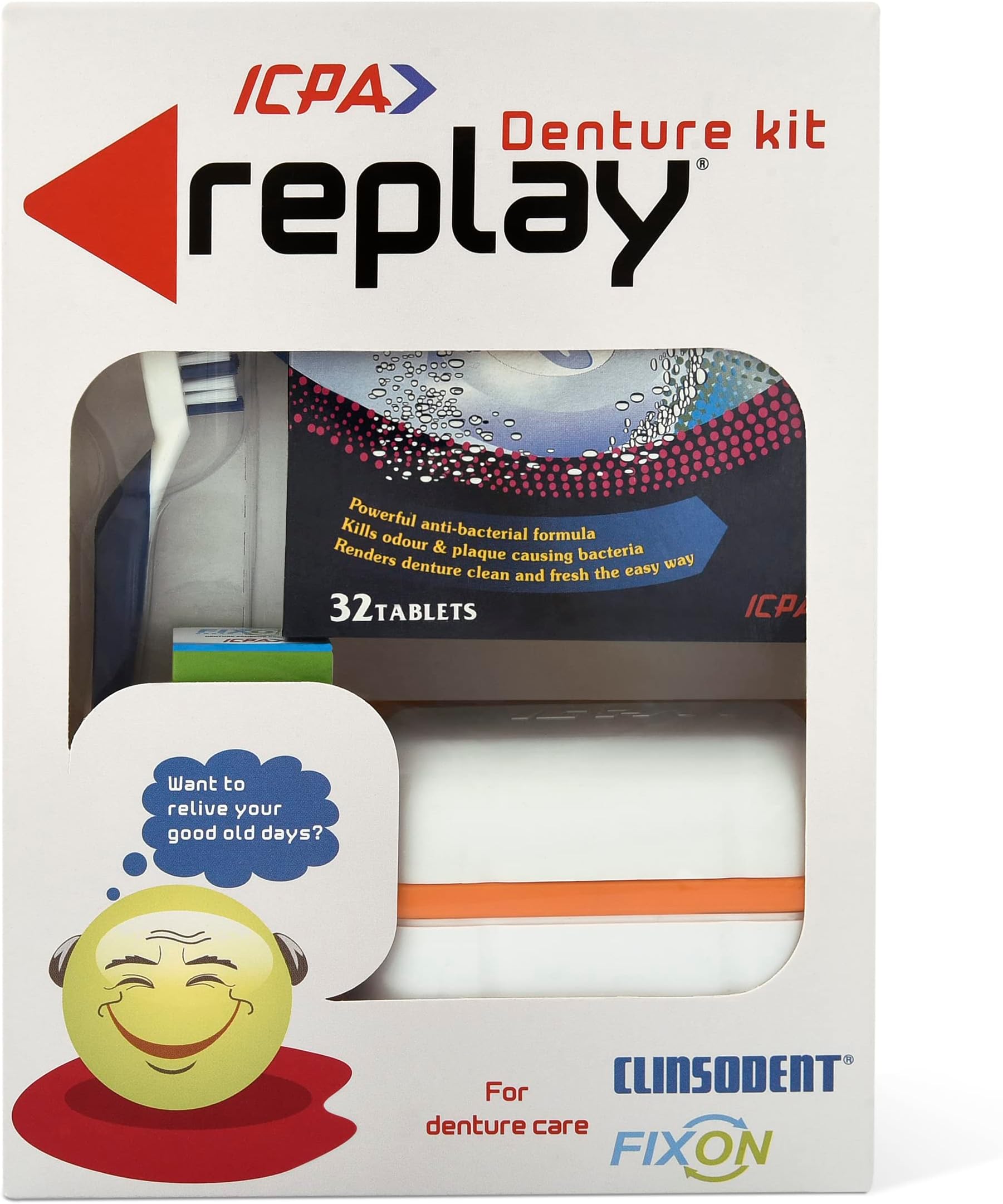 ICPA Replay Denture Cleaning Kit with Storage Container | Clinsodent Tablet Pack of 1 | Adhesive Cream 15 g | Clinsodent Brush Pack of 1 with Storage Container