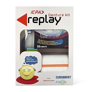 ICPA Replay Denture Cleaning Kit with Storage Container | Clinsodent Tablet Pack of 1 | Adhesive Cream 15 g | Clinsodent Brush Pack of 1 with Storage Container