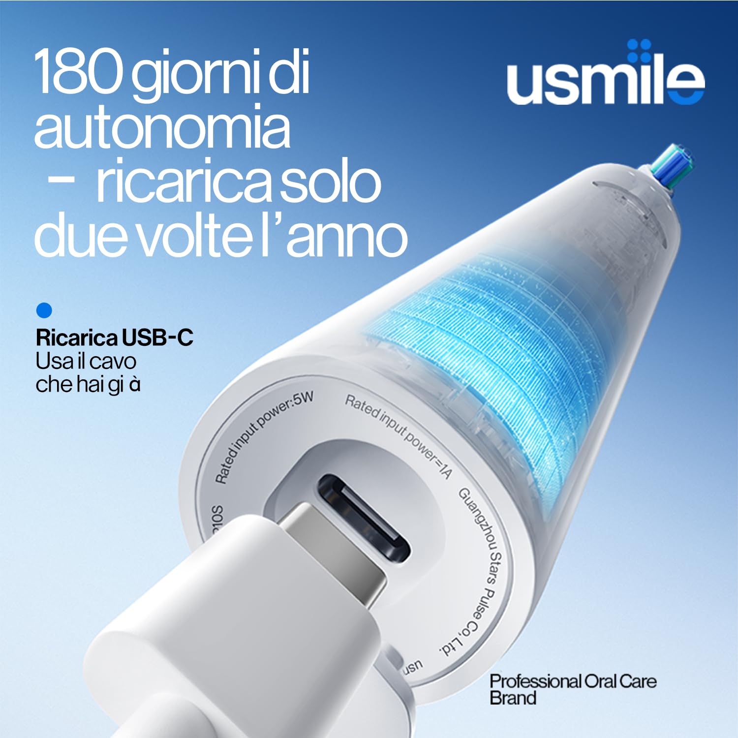 usmile P10S Spazzolino Elettrico Sonico, Batteria 180 Giorni | 3 Modalità Pulizia Profonda & Sbiancante,Testina Morbida per Gengive Denti Sensibili, Timer Intelligente, 2 Testine Bianco