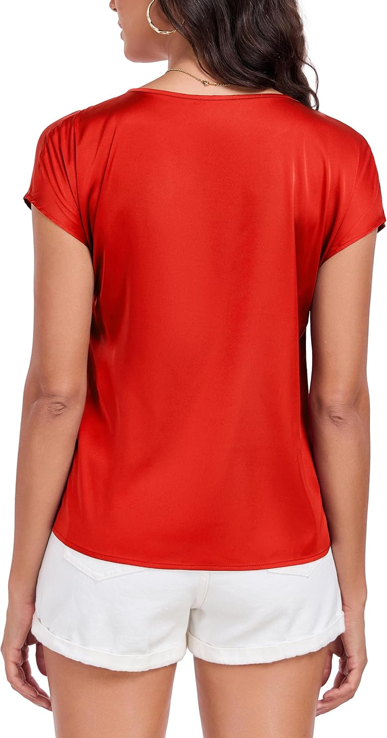 Wantschun Womens Silk Satin Shirt Casual Cap Short Sleeve Blouse Basic Round Neck Work Tops - Image 5