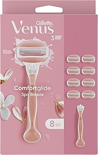 Gillette Venus Comfortglide Spa Breeze Women's Razor + 8 Razor Blade Refills, Lubrastrip with A Touch of Botanical Oils, 2 Flexible Gel Bars For A Comfortable Shave