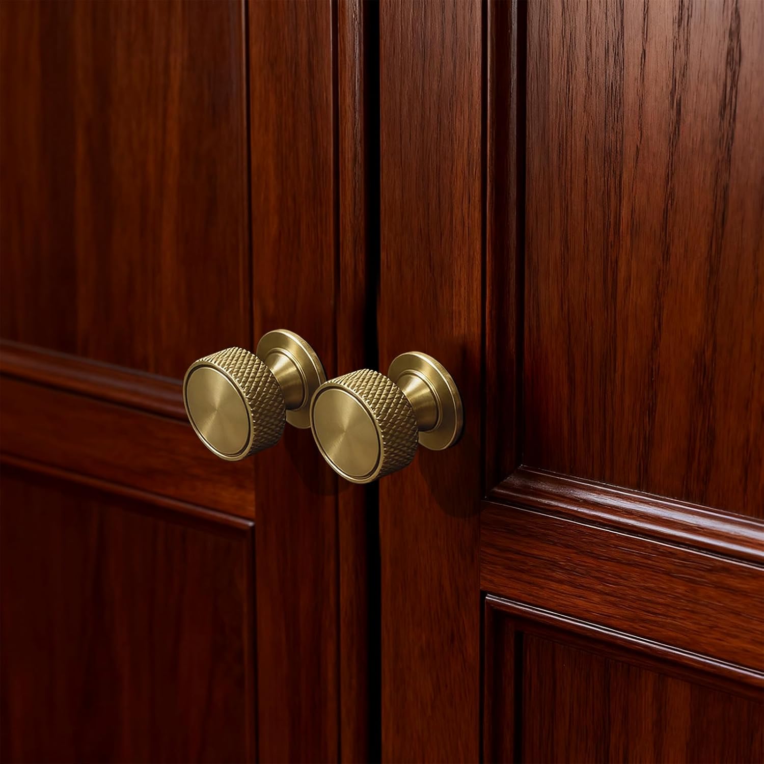 2 Pack Knurled Grip Solid Brass Cabinet Knobs, Brushed Finish Round Cabinet Handle Pull for Drawer Kitchen Bathroom Dresser (2)