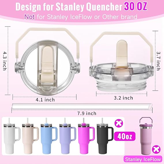 2 Pack Flip Straw Leakproof Lids for stanley Lid Replacement 30 oz, for Stanley Quencher Tumbler Cup Accessories, 30oz Leak Proof Top Detachable Straw Cover Handle lid (Cream,Rose Quartz)