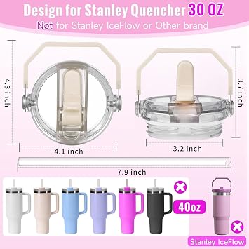 2 Pack Flip Straw Leakproof Lids for stanley Lid Replacement 30 oz, for Stanley Quencher Tumbler Cup Accessories, 30oz Leak Proof Top Detachable Straw Cover Handle lid (Cream,Rose Quartz)
