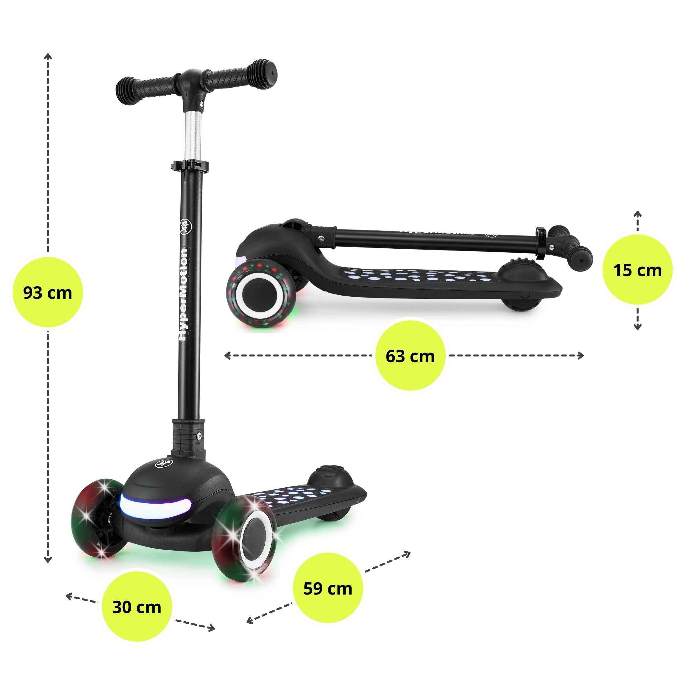 HyperMotion Patinete infantil con iluminación LED LUMI 3 en 1, asiento ajustable en altura, plegable, ruedas de poliuretano, manillar en T de hasta 50 kg, para niños a partir de 1 año