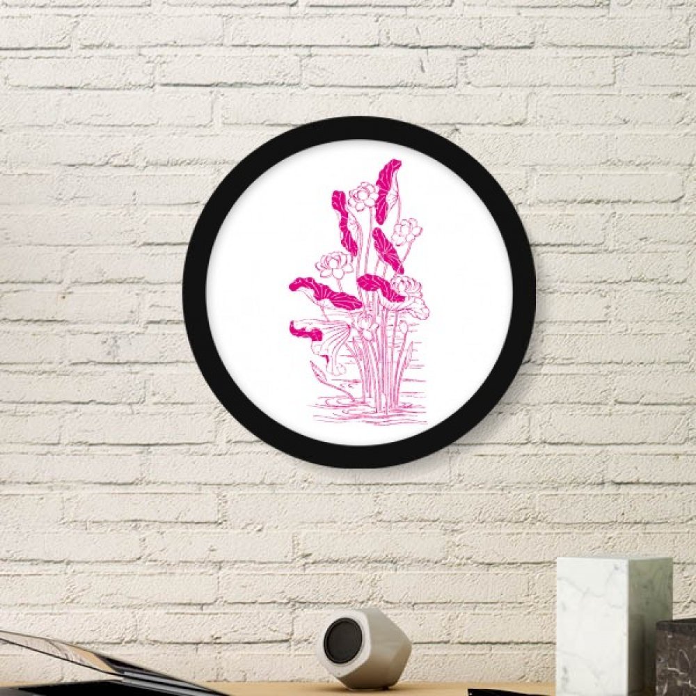 Peinture fleur de lotus en cadre rond bois noir œuvre d'art mural moyen format raffiné