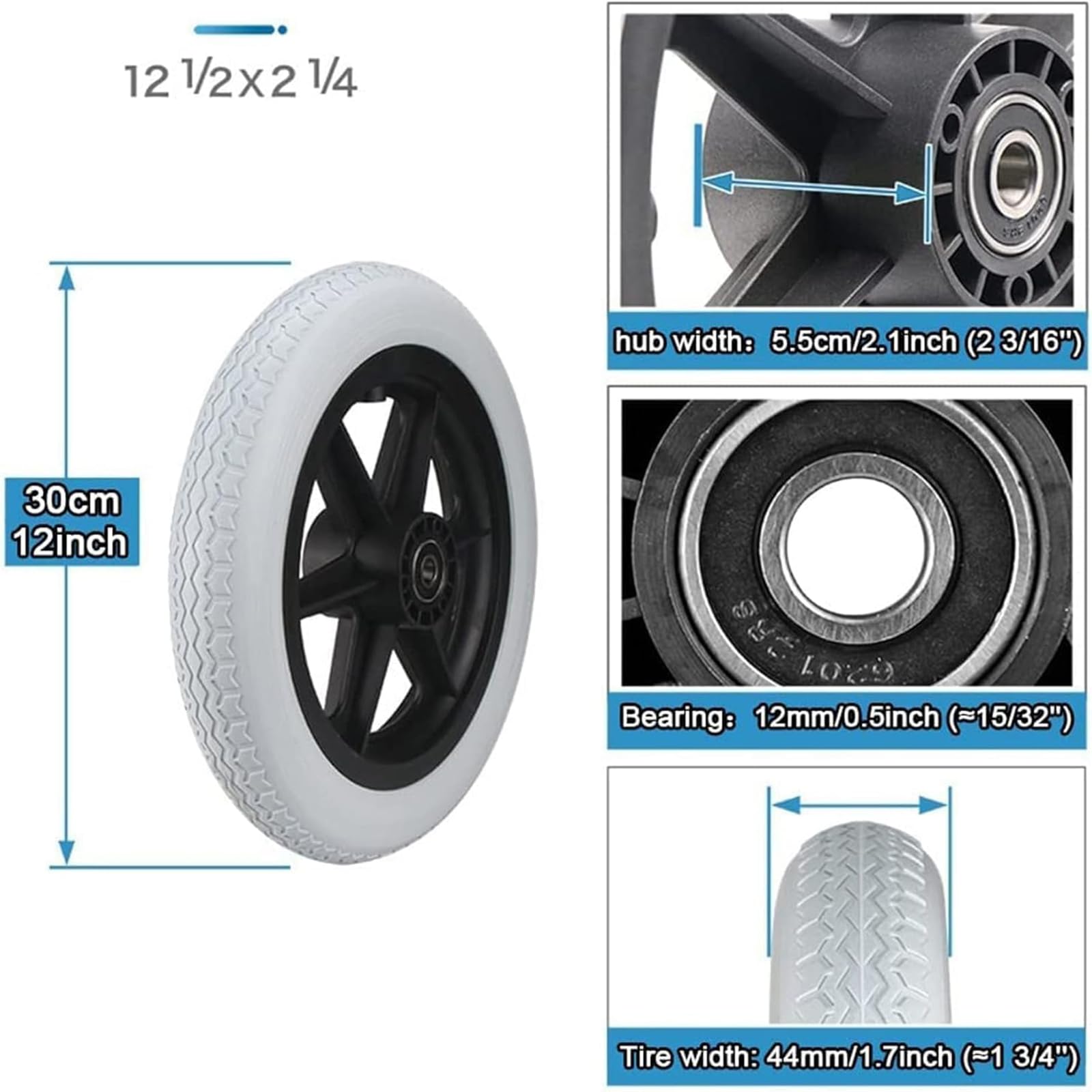 Set Sostituzione di 2 Ruota Posteriore Manuale per Sedia a Rotelle, Non Gonfiabile, Accessori per Carrozzina Disabili,Grigio