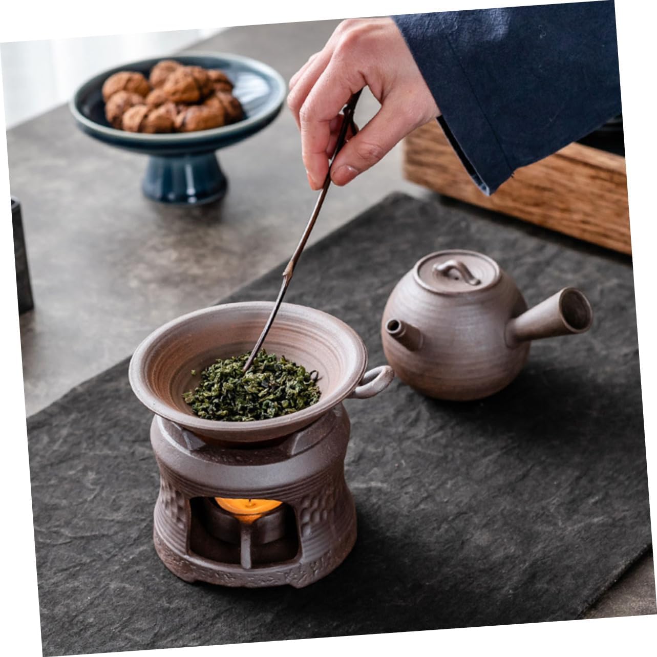 Ceramic Teapot Warmer Candle Holder Base Rustic Brown Tea Stove for Loose Leaf Tea for Home Brewing