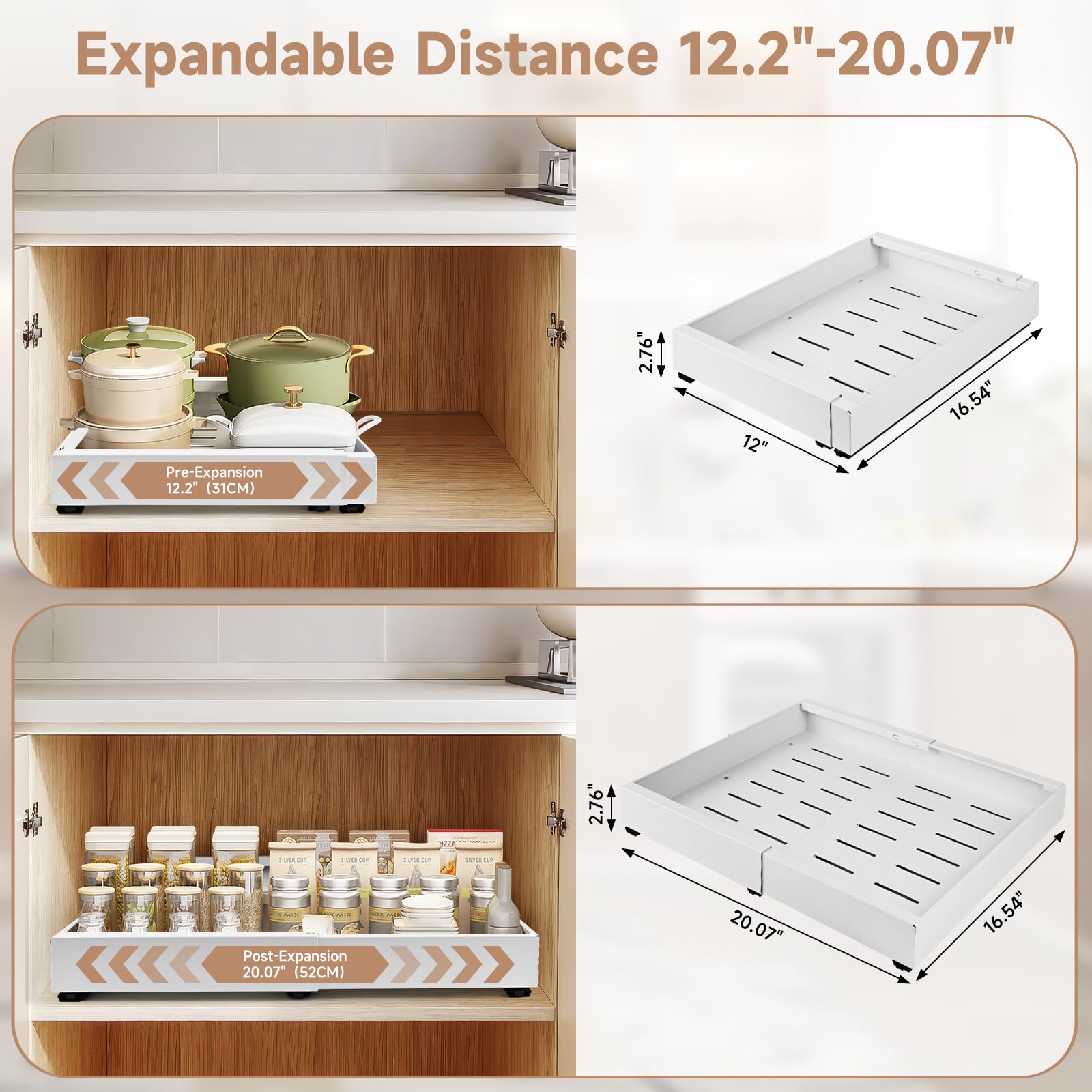 BALLMENT Kitchen Pull Out Drawers for Cabinets, White, Metal, Expandable(12.2