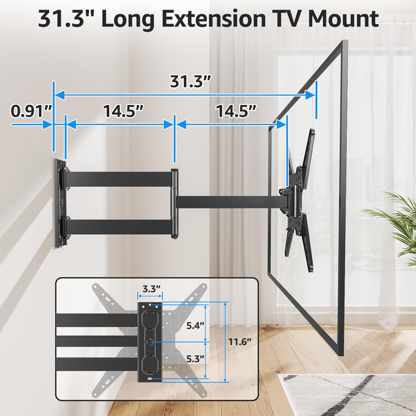 MOUNTUP Soporte de pared de esquina para TV con brazo largo para la mayoría de televisores de 32 a 65 pulgadas, soporte de TV de movimiento completo con soporte de extensión adicional de 31.3