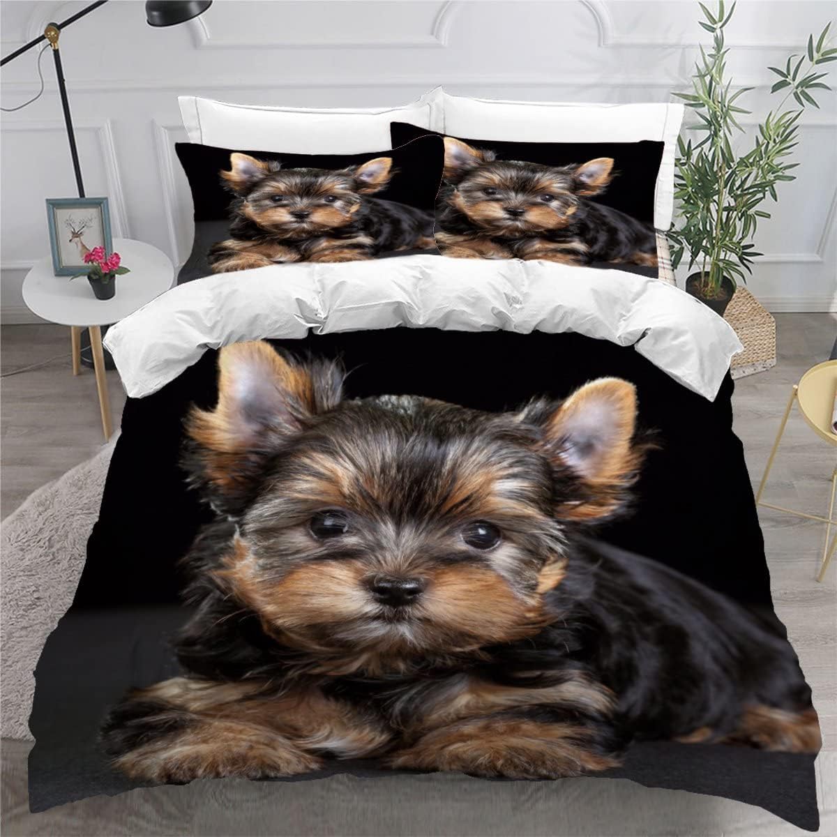 MEVASA Yorkshire Terrier Bedding Set - Microfiber Teenager Bedding Animals Dogs 3D Bedding Set for Small Double - Anti Allergic Duvet Cover Set with Zipper /200x200