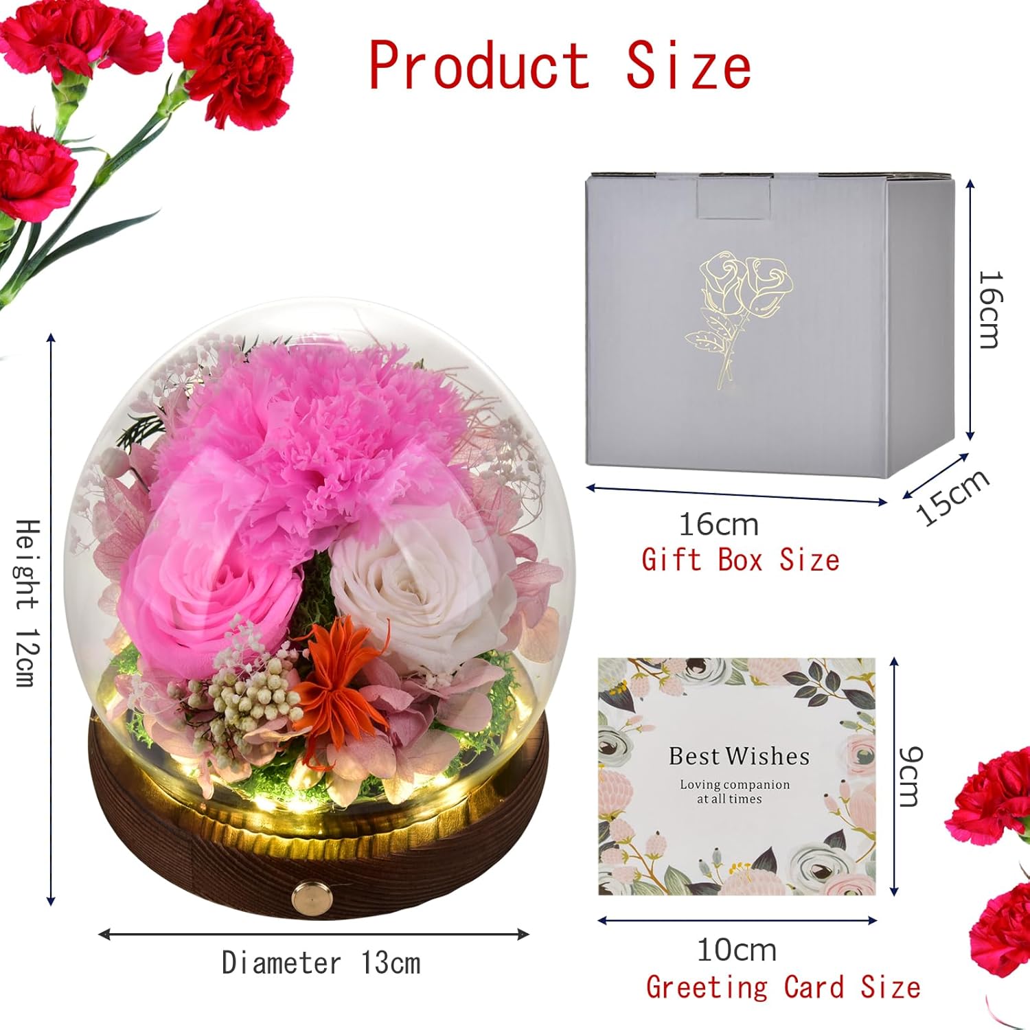 Preserved Eternal Pink Real Carnation Gift Box Long-Lasting Real Flowers for Women Mom Wife Girlfriend Grandma Mother's Day Anniversary Birthday