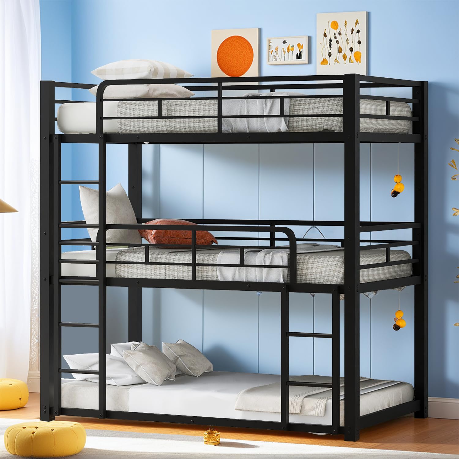 HomJoones Metal Bunk Bed with Trundle,Twin Over Twin Bunk Bed Frame with Ladder and Safety Rails for Triple Metal Bunk Can be Divided into Two beds (
