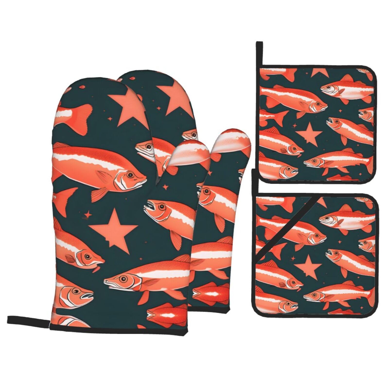Salmon Print Oven Microwaving Waterproof Kitchen Gloves for Baking Grilling Holiday Cooking