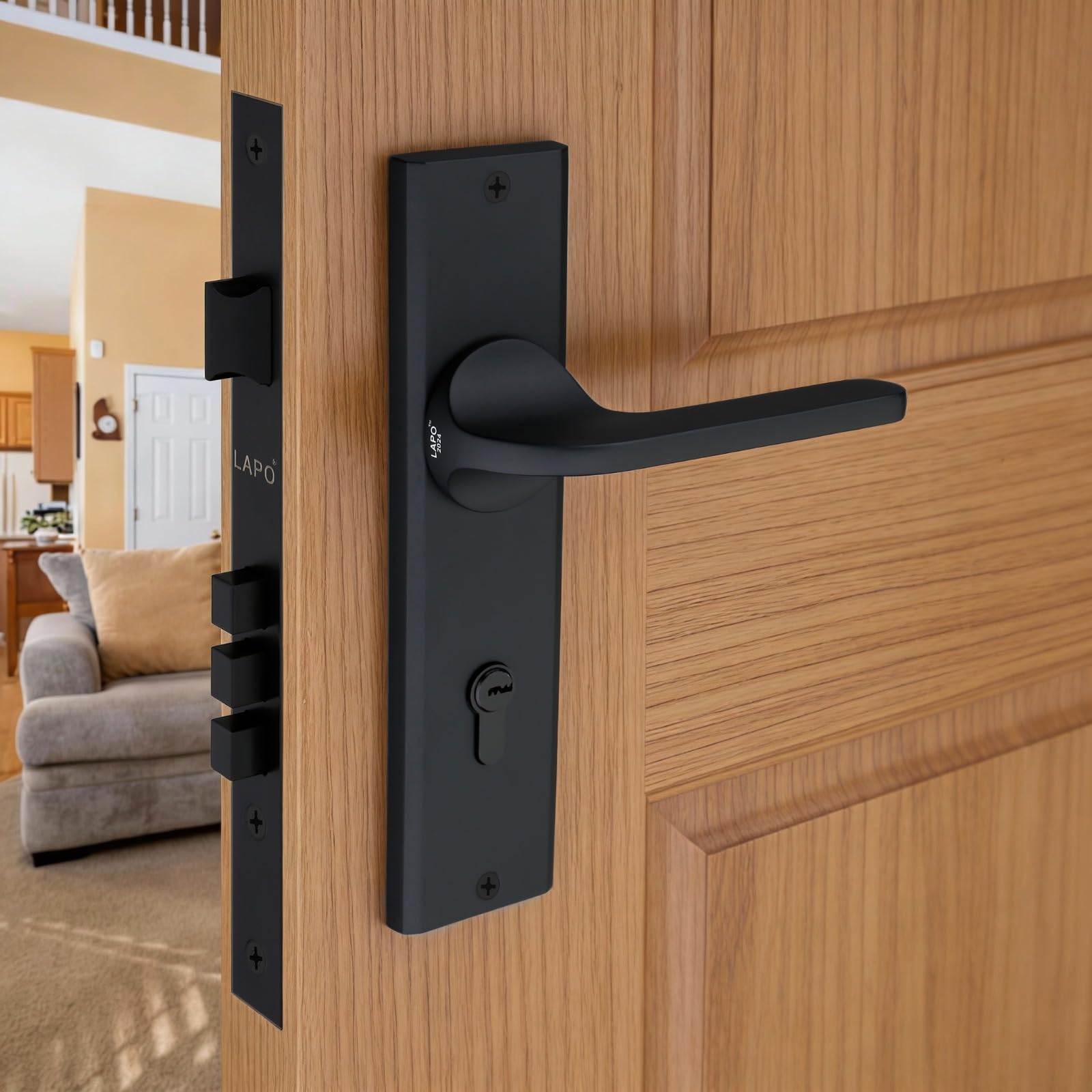 LAPO Mortise Door Lock for Home Main Door & Bedroom with Handle - Left-Right Fit 30-50mm Door Home Office Hotel - Heavy-Duty 70mm Cylinder - 50x85mm Body - 3 Brass Keys | Black Finish | CY-127