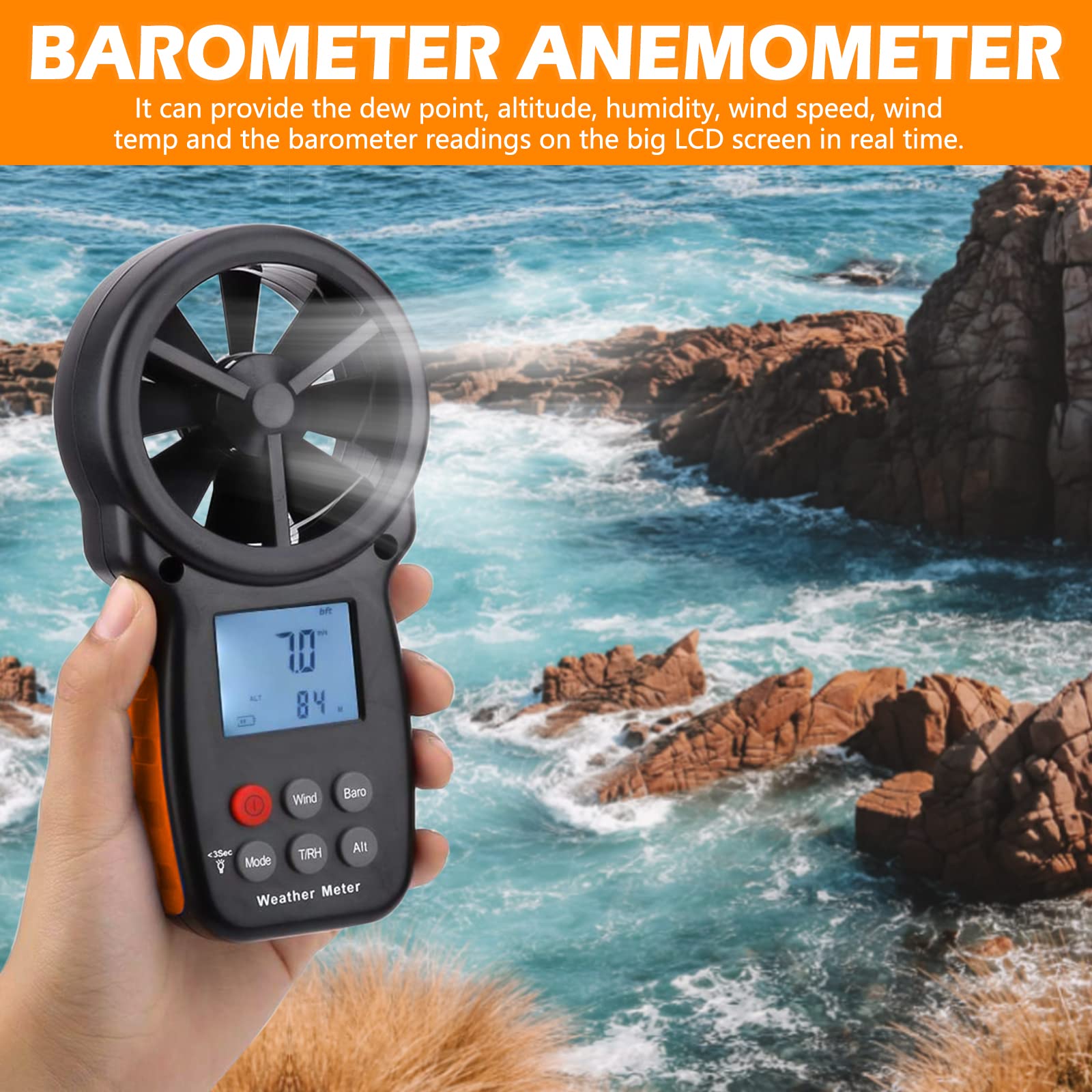 Digital Windmesser, LC-100-WM Handheld Anemometer zur Messung von Windgeschwindigkeit Temperatur Feuchtigkeit Altitude Luftdruck, Windmessgerät für HAVC Windsurfen Segeln Drohne