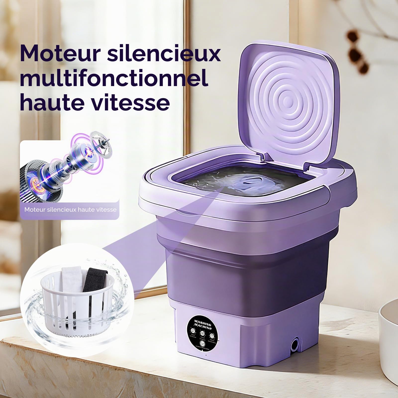 Mini machine à laver pliable portable voyage tuyau vidange adaptateur violet