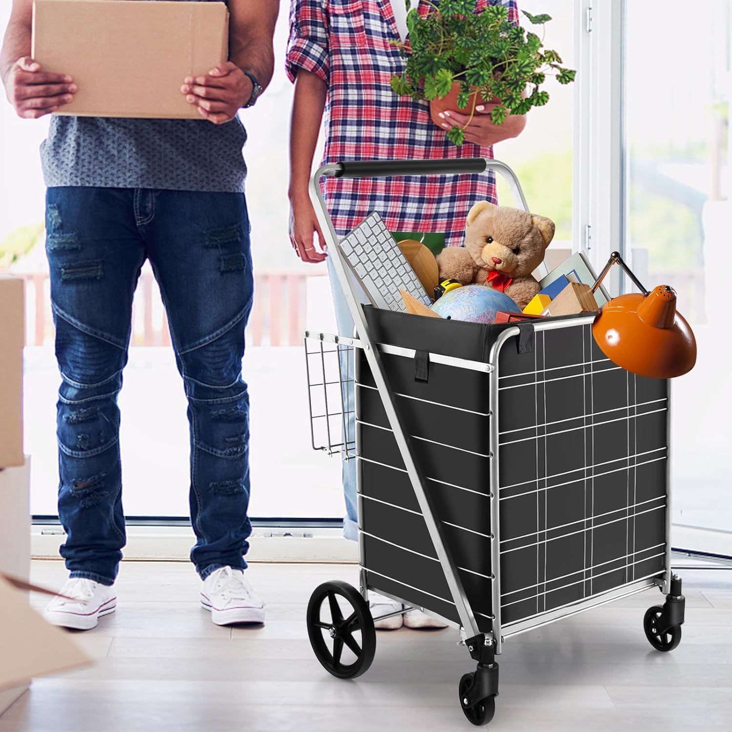 FANASK Carrello per la spesa pieghevole con borsa Oxford rimovibile e 2 cestini, argento su rotelle, carrello per la spesa, 150 kg, carrello multiuso