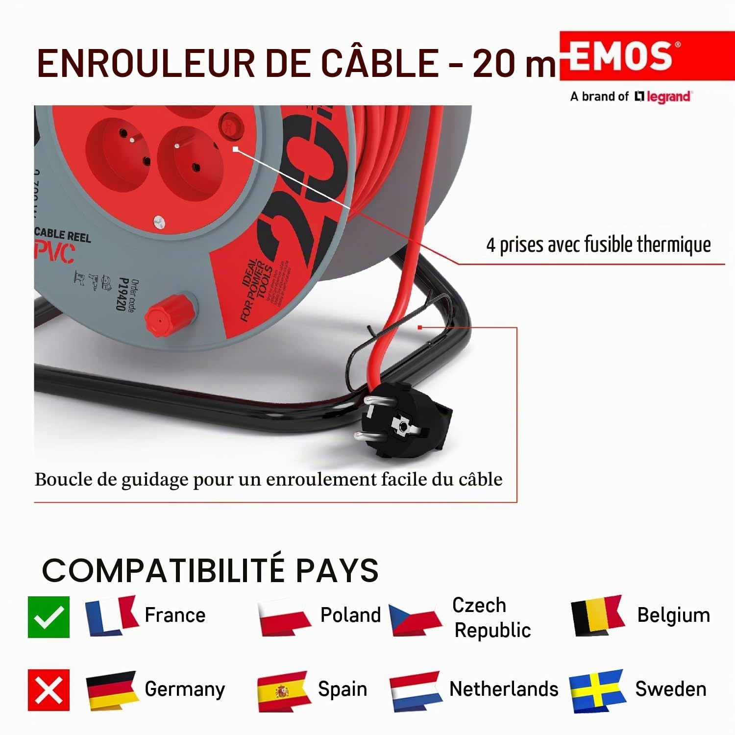 EMOS - Enrouleur de câble 20m - 4 Prises French - 230 V, 10 A, 2300 W - Isolation PVC de Haute qualité - H05VV-F3G 1,0 mm2 - Protection Contre la surchauffe, Frein de Bobine - IP20 pour l'intérieur