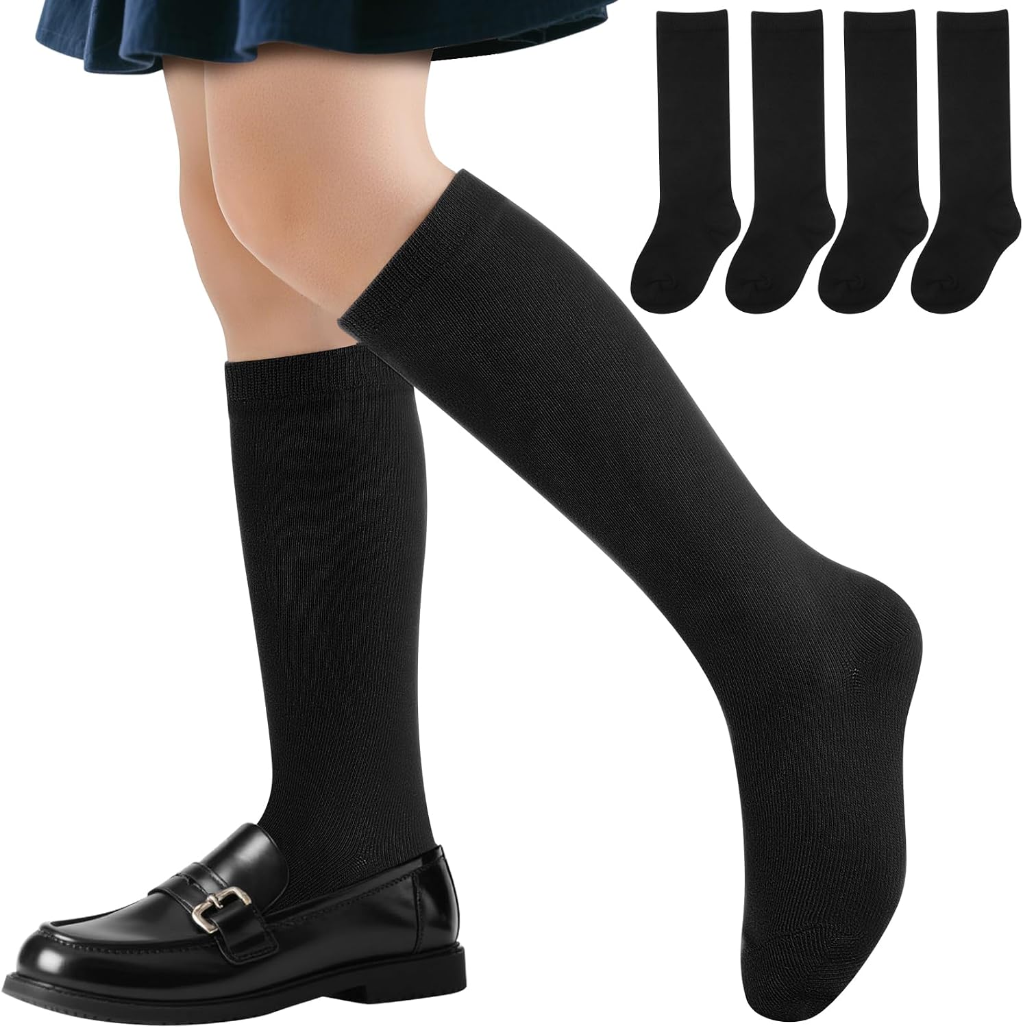Cozypower 4 Pairs Calf Knee High Sock for Girl Kid Boy, Cotton School Uniform Unisex Solid Seamless Sock for Dress