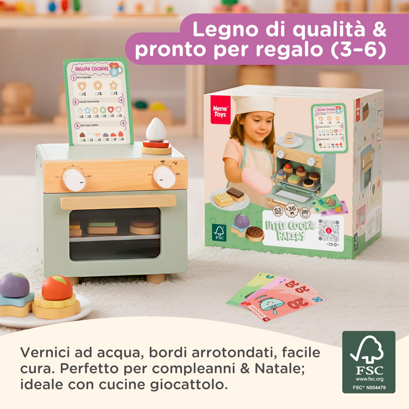 Nene Toys Pasticceria di Biscotti in Legno per Bambini 3+ Anni – Set Completo con Mini Forno, Menù & Soldi Finti – Gioco di Ruolo Educativo & Primi Calcoli – Regalo 3–6 Anni