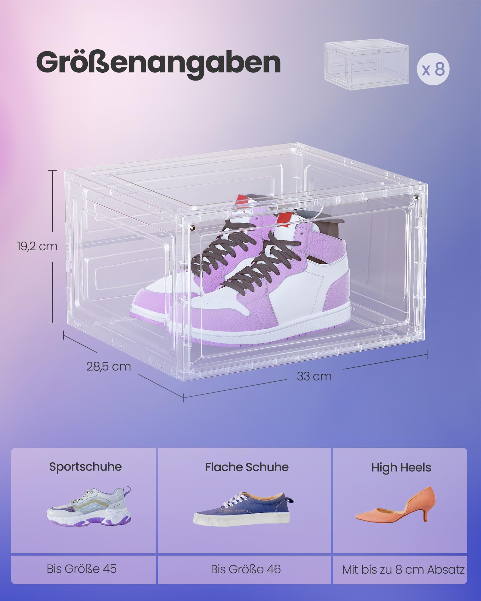 SONGMICS Schuhboxen 8er Set, Schuh-Organizer durchsichtig, aus Kunststoff, mit Tür, stapelbar, 33 x 28,5 x 19,2 cm, für Schuhe bis Größe 46, transparentes Weiß LSP508W01