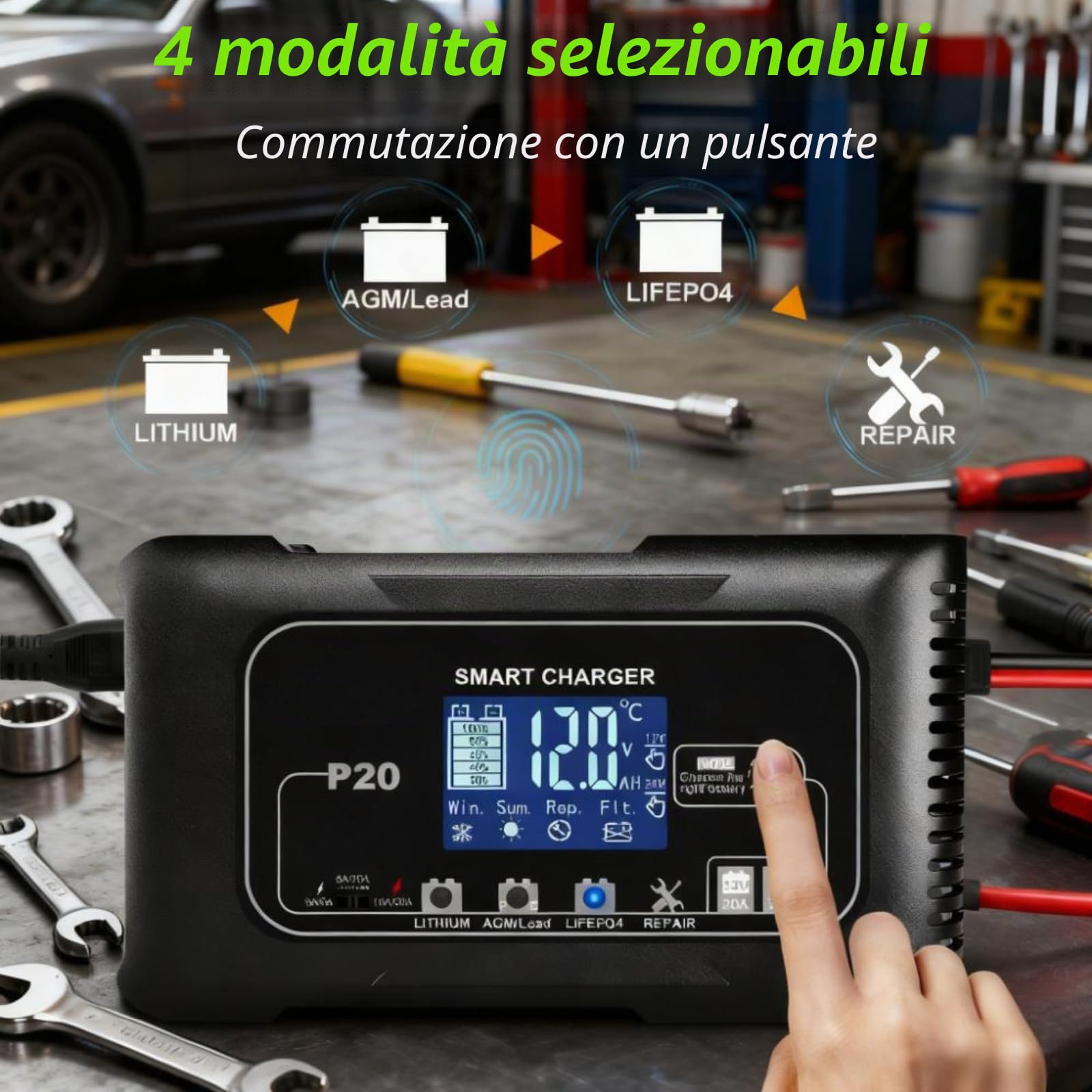 Caricabatterie e mantenitore di carica intelligente per batterie al litio/AGM/piombo-acido/LiFePO4 da 12V/24V 20A, P20 a 4 modalità con schermo LCD e riparazione a impulsi,per auto,moto e imbarcazioni