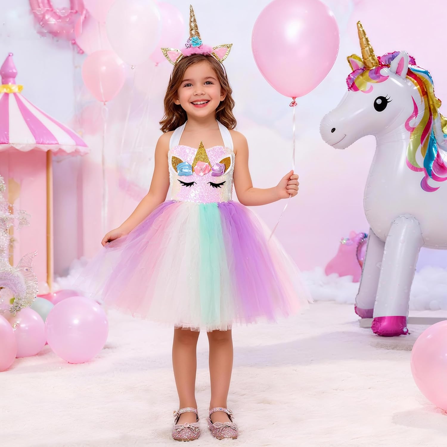 LED Light Up Rainbow Dress for Girls, Unicorn Costume for Girls 3-8Y, Unicorn Birthday Outfit for Princess Dress Up - Image 5
