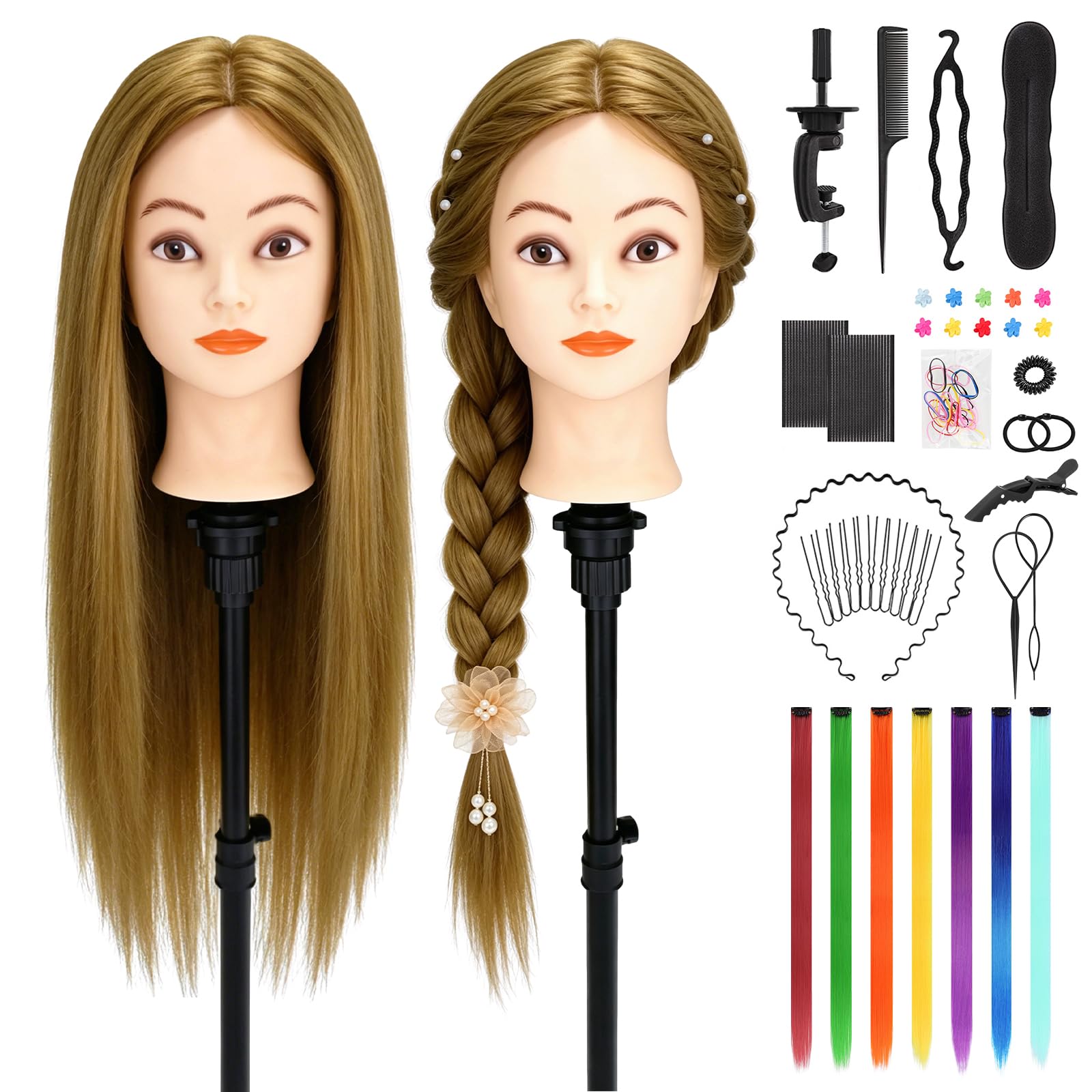 Yofuly 26Zoll/66cm Frisierkopf, 80% Echthaar Übungskopf, Frisieren Trainingsköpfe Puppenkopf Friseur Mannequinkopf mit Tischklemme + DIY-Zopfset (Gold)