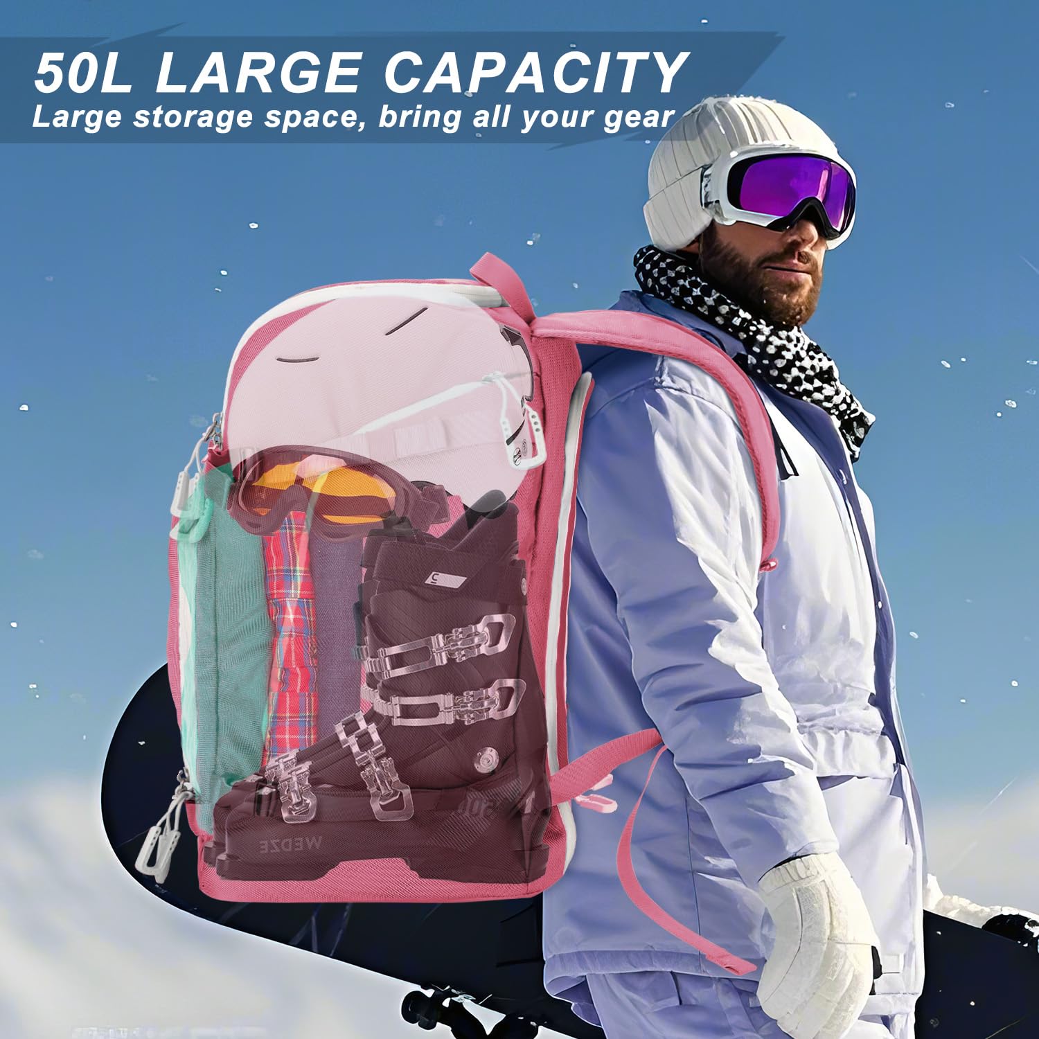 Coolfel Borsa per Scarponi da Sci con Scomparto per Casco, 50L Zaino da Sci Snowboard Pattini a Rotelle, Borsa da Sci Impermeabile per Casco, Giacca, Occhiali, Guanti