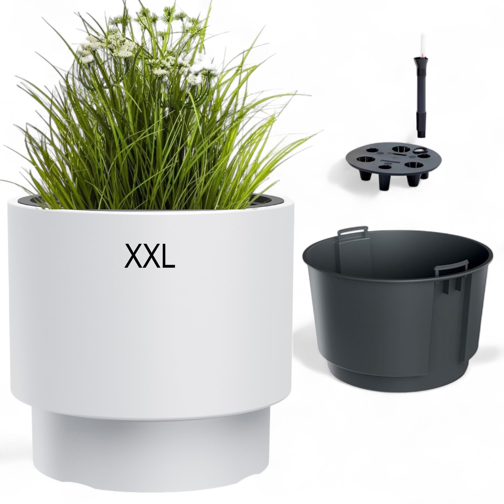 MELTOM Pot de fleurs avec insert amovible - Rond - Résistant au gel - Moderne - Mat - Système d'irrigation (blanc, taille XXL - 47 cm)