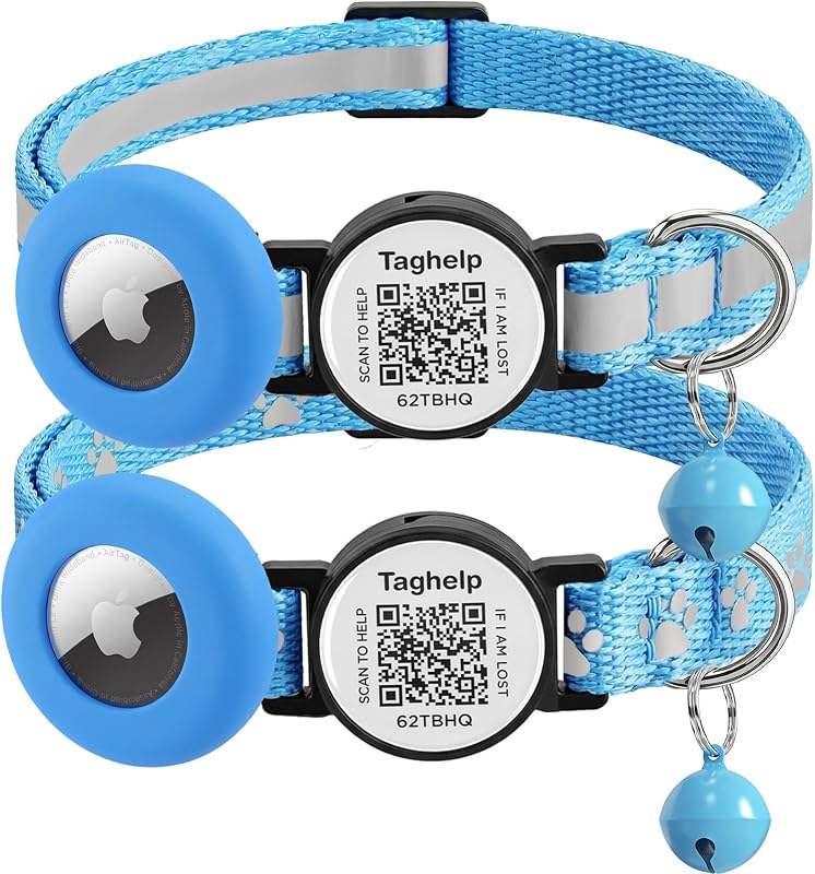 Coleira para Gatos com Suporte para Apple AirTag, QR Code, Refletiva e Breakaway Taghelp Azul, Pacote com 2