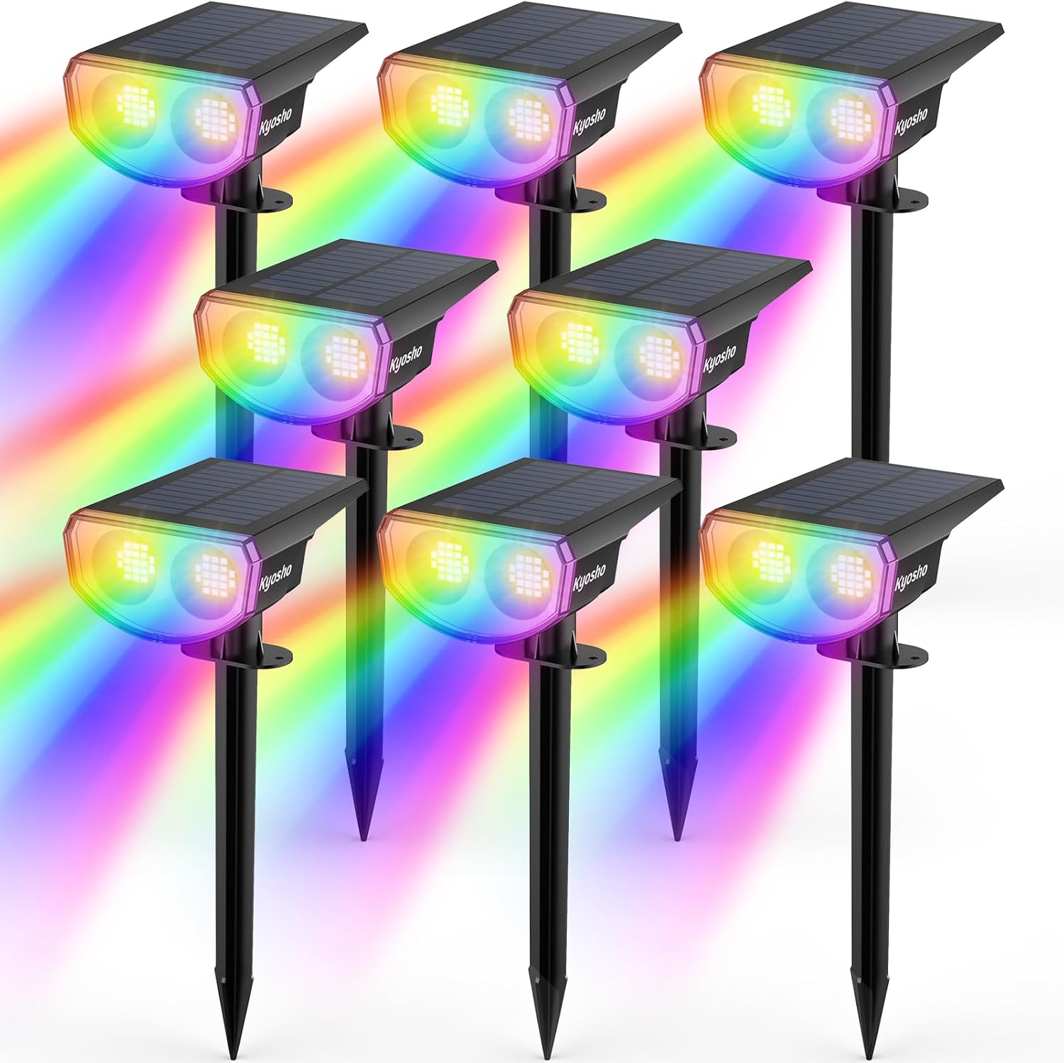 Kyosho IP67 Waterproof Color Solar Spot Lights Outdoor, Color Changing Outdoor Halloween Lights, RGBW Multicolor Solar Spotlight with 9 Modes for Lawn, Pathway, Yard, 8 Pack