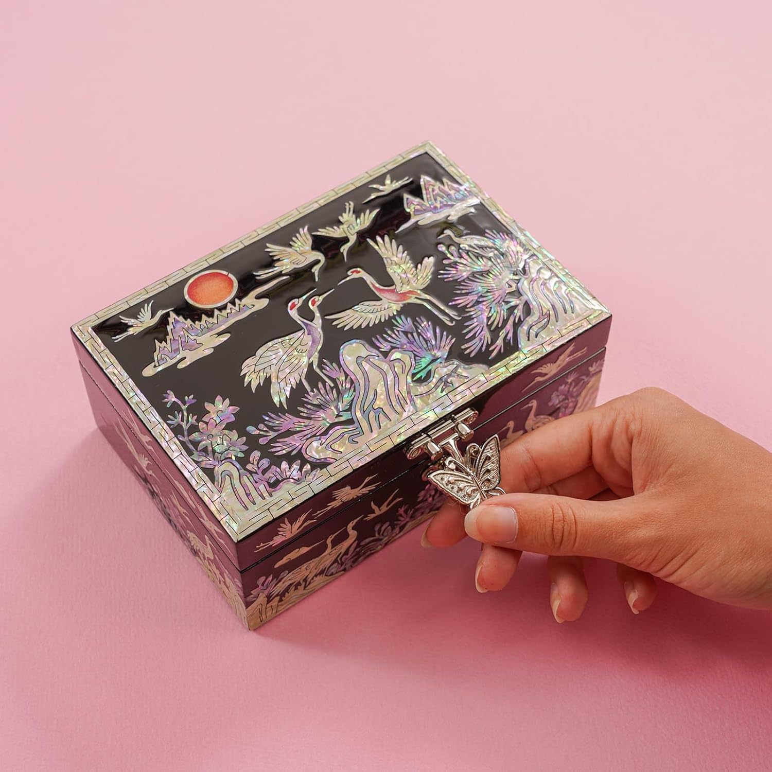 Korean Mother-of-Pearl Keepsake Box with Mirror – Floral & Butterfly Inlay – Handmade Trinket Memory Box – Black Lacquer Gift for Women, Birthday, Anniversary, Christmas (Colorful Crane)