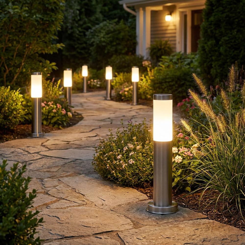 4x LED Außen Stehleuchte Standlampe Beleuchtung Weg-Licht Edelstahl IP44 geeignet für Garten, Hof, Weg, Eingangsbereich, Veranda, Terrasse