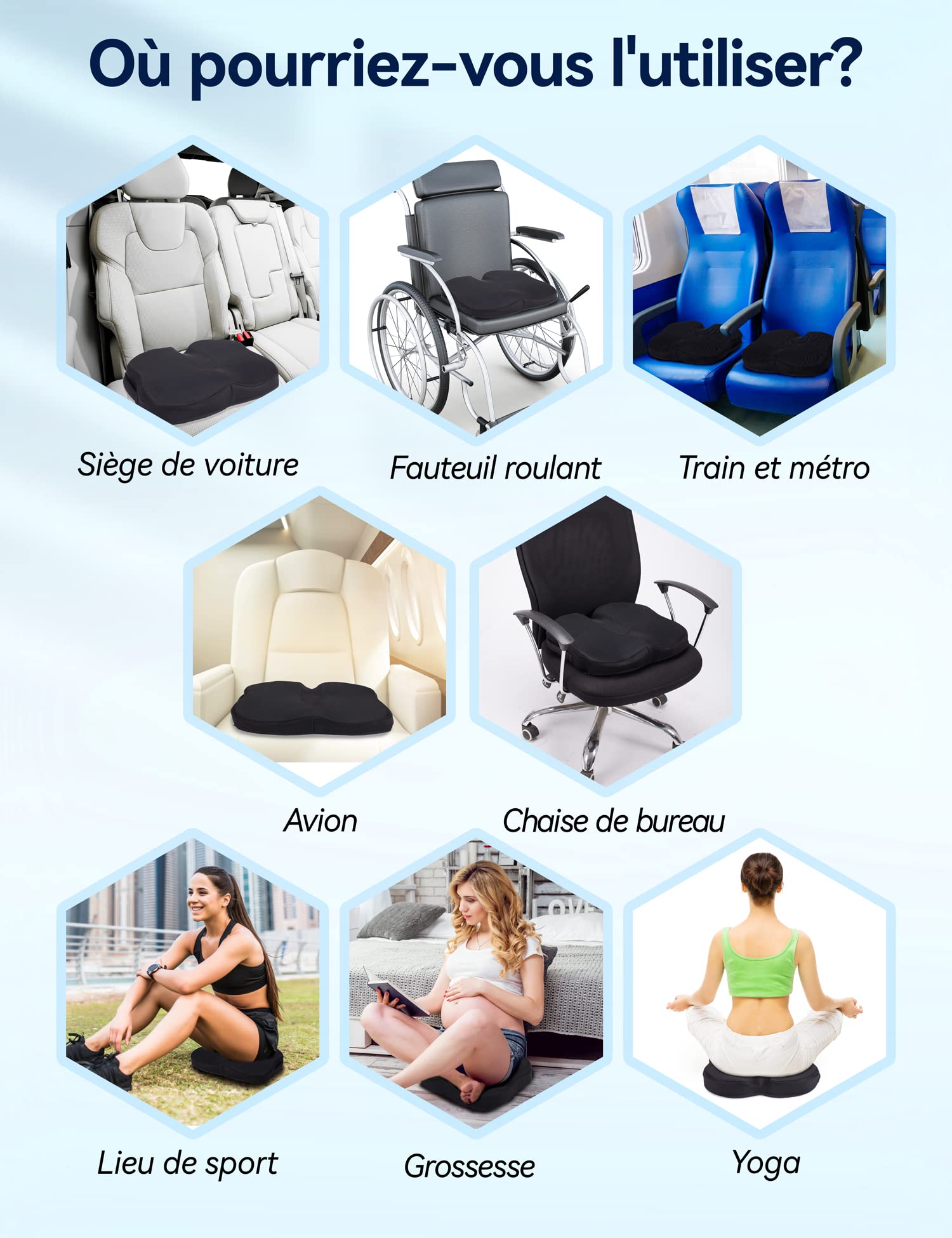 Travel Ease Coussin de Siège Ergonomique, Coussin de Chaise en Mousse à Mémoire Gel avec Base Antidérapante pour Confort Longue Durée, Coussin de Hanche pour Chaise de Bureau, Siège de Voiture (Noir)